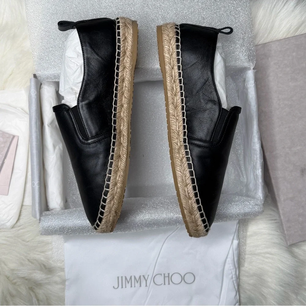 New in box Jimmy Choo Lichi Black Napa Leather Espadrilles Embossed Logo